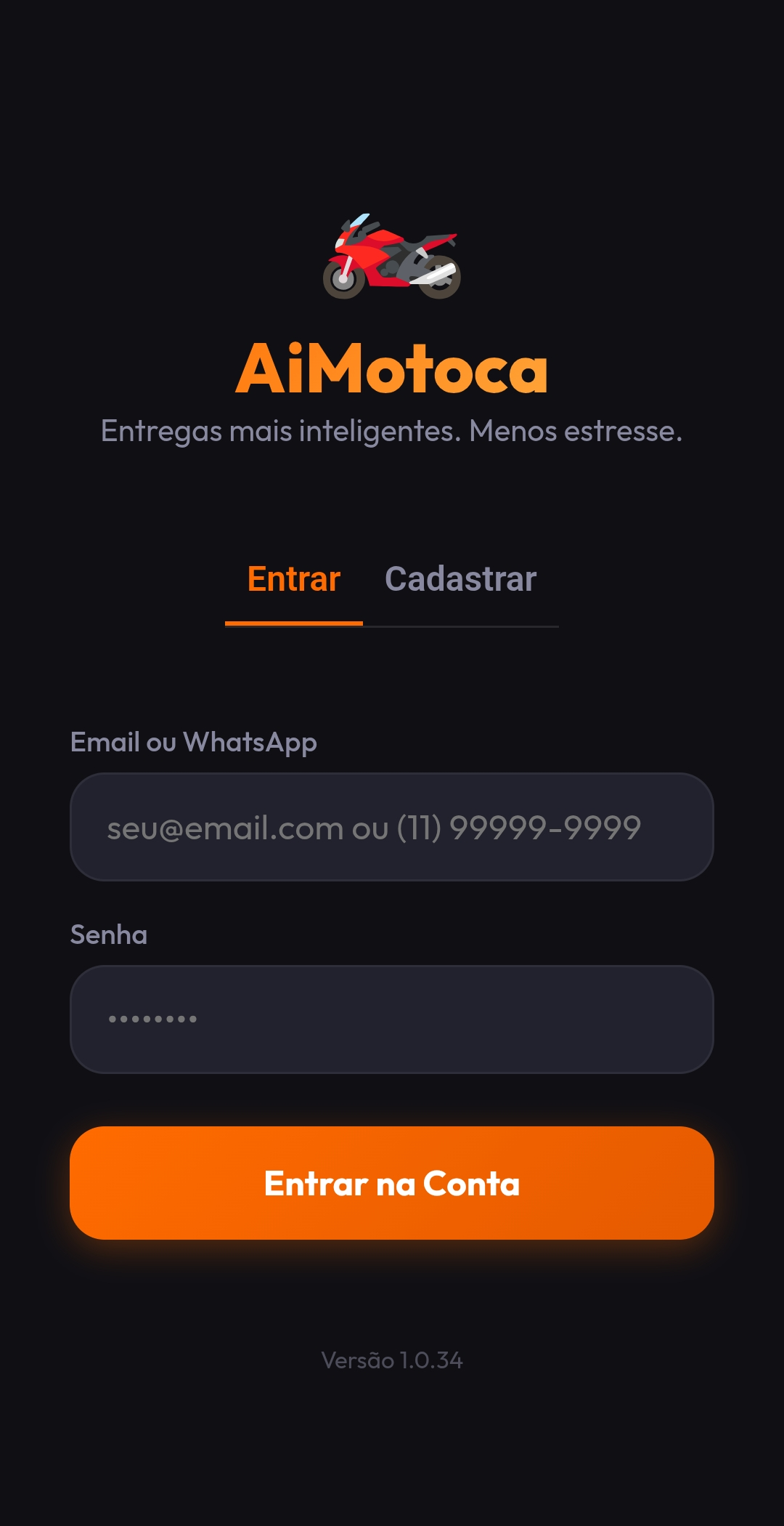Tela de entrada e cadastro do AiMotoca