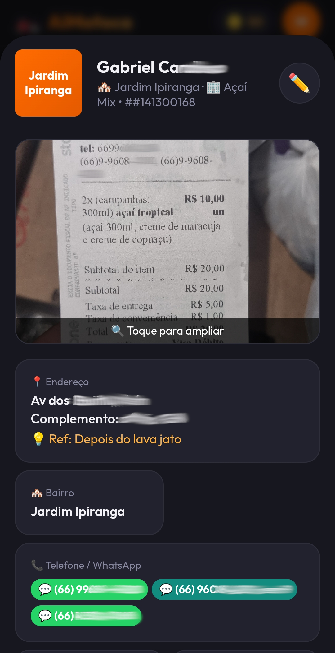 Detalhes de um pedido cadastrado no AiMotoca