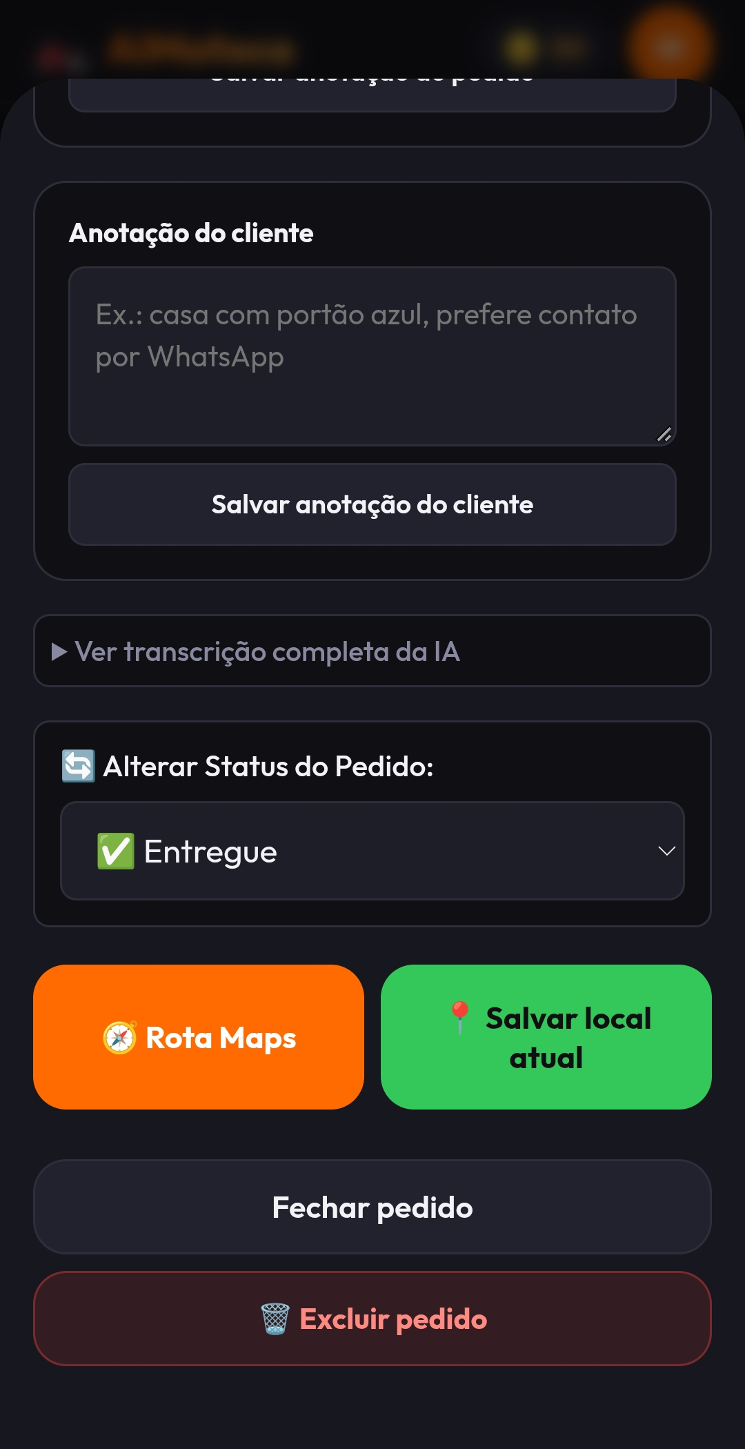 Ações disponíveis para gerenciar um pedido