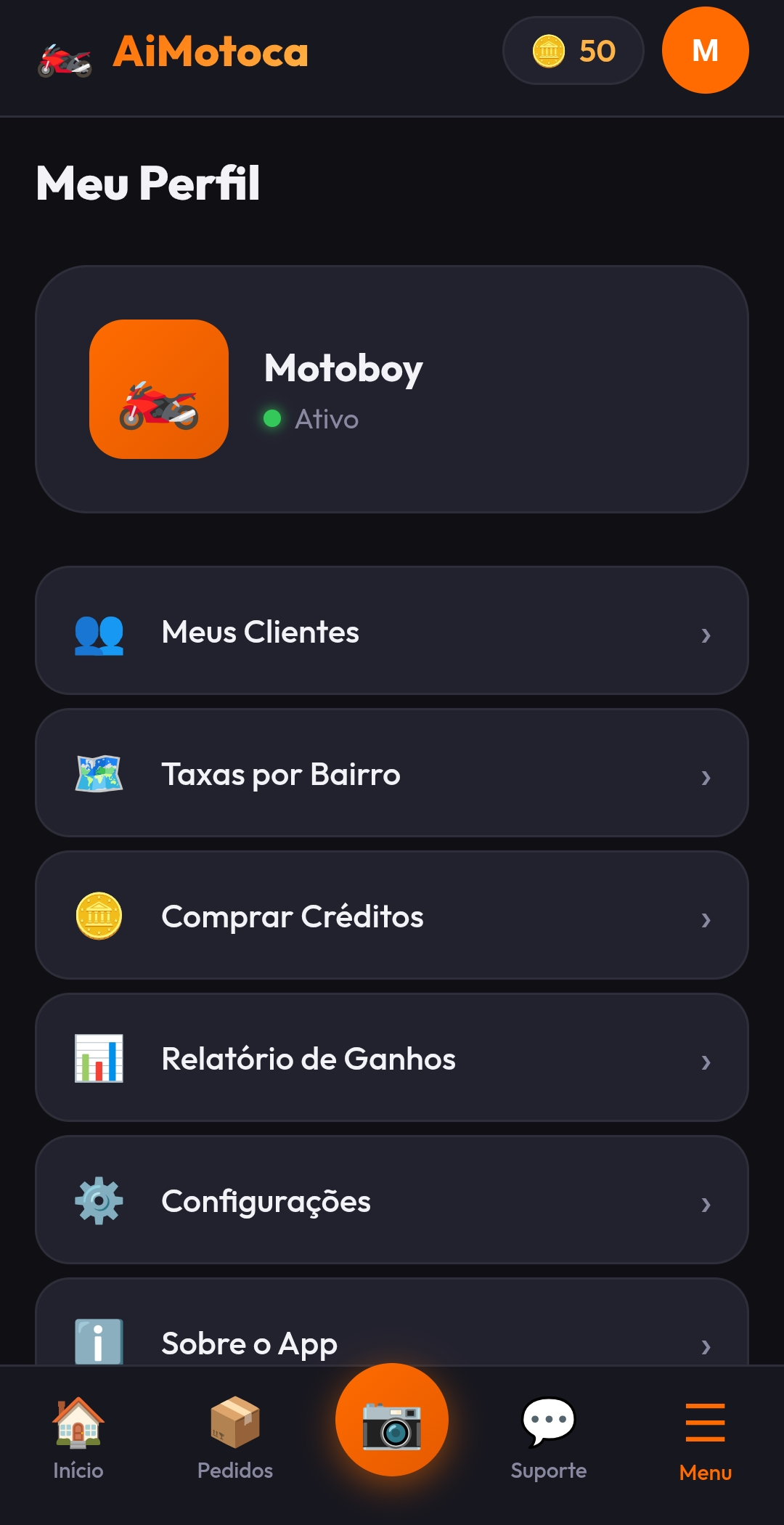 Perfil e opções de configuração do aplicativo