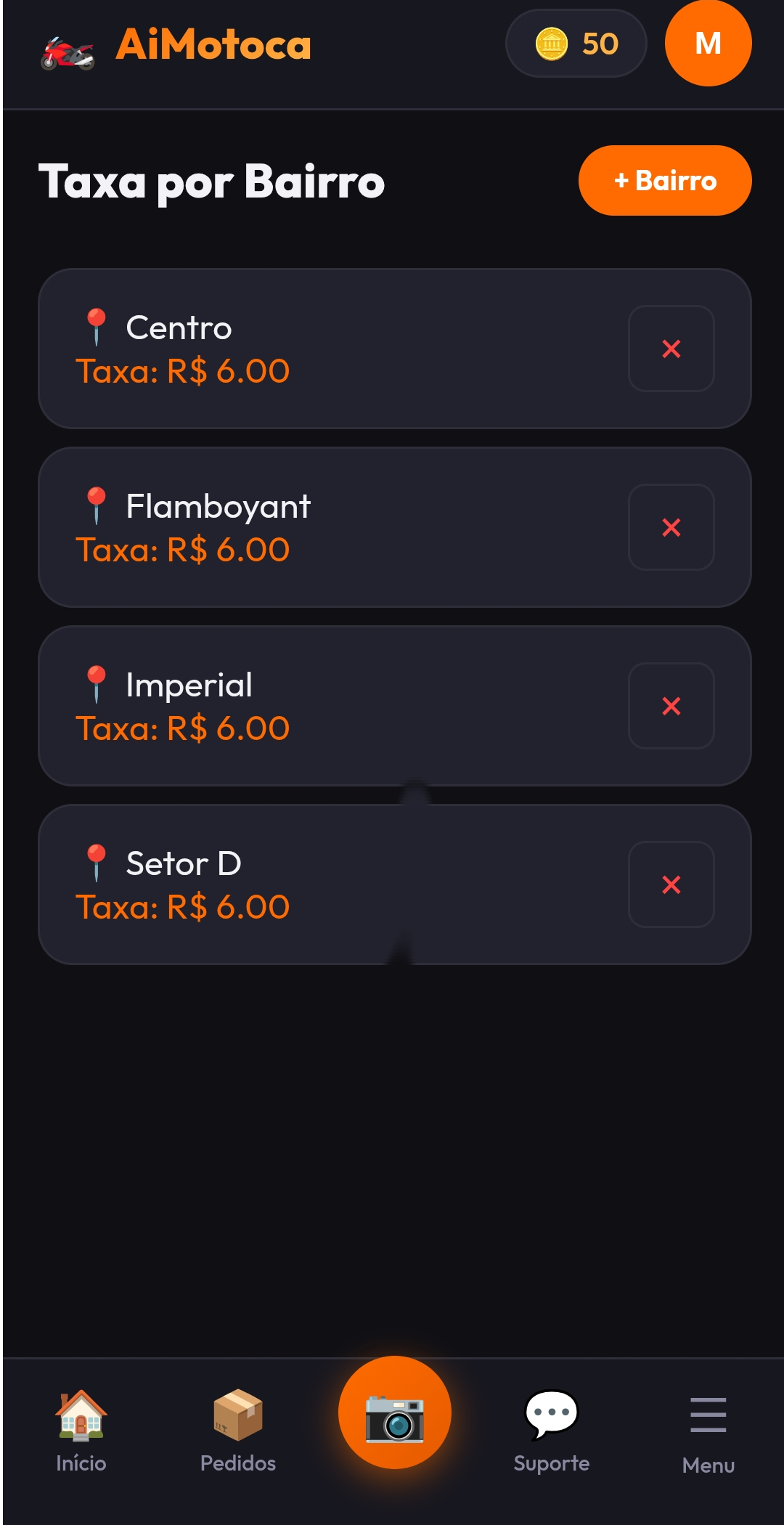 Cadastro de taxas de entrega por bairro